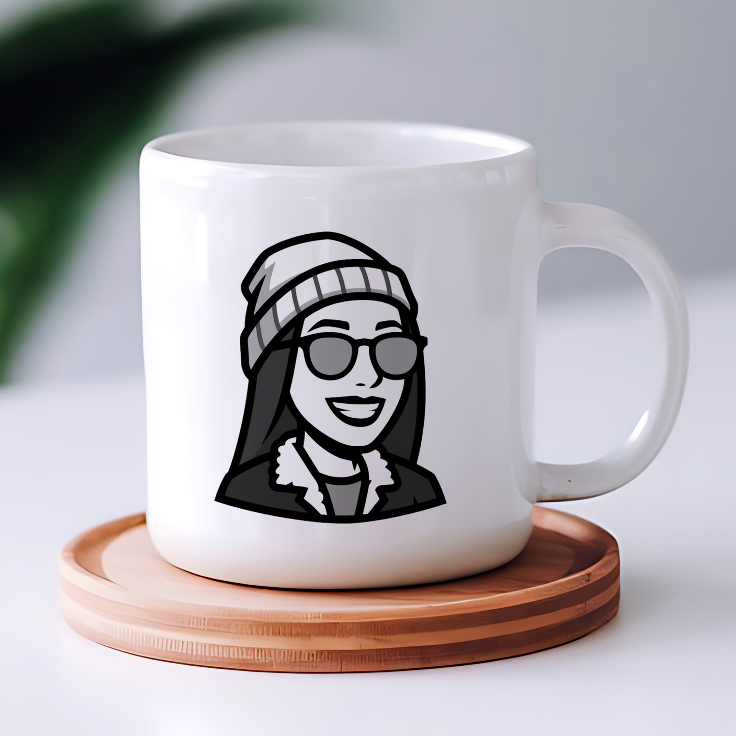 Portrait redessiné à l'encre de Chine, imprimé sur un mug en céramique blanche