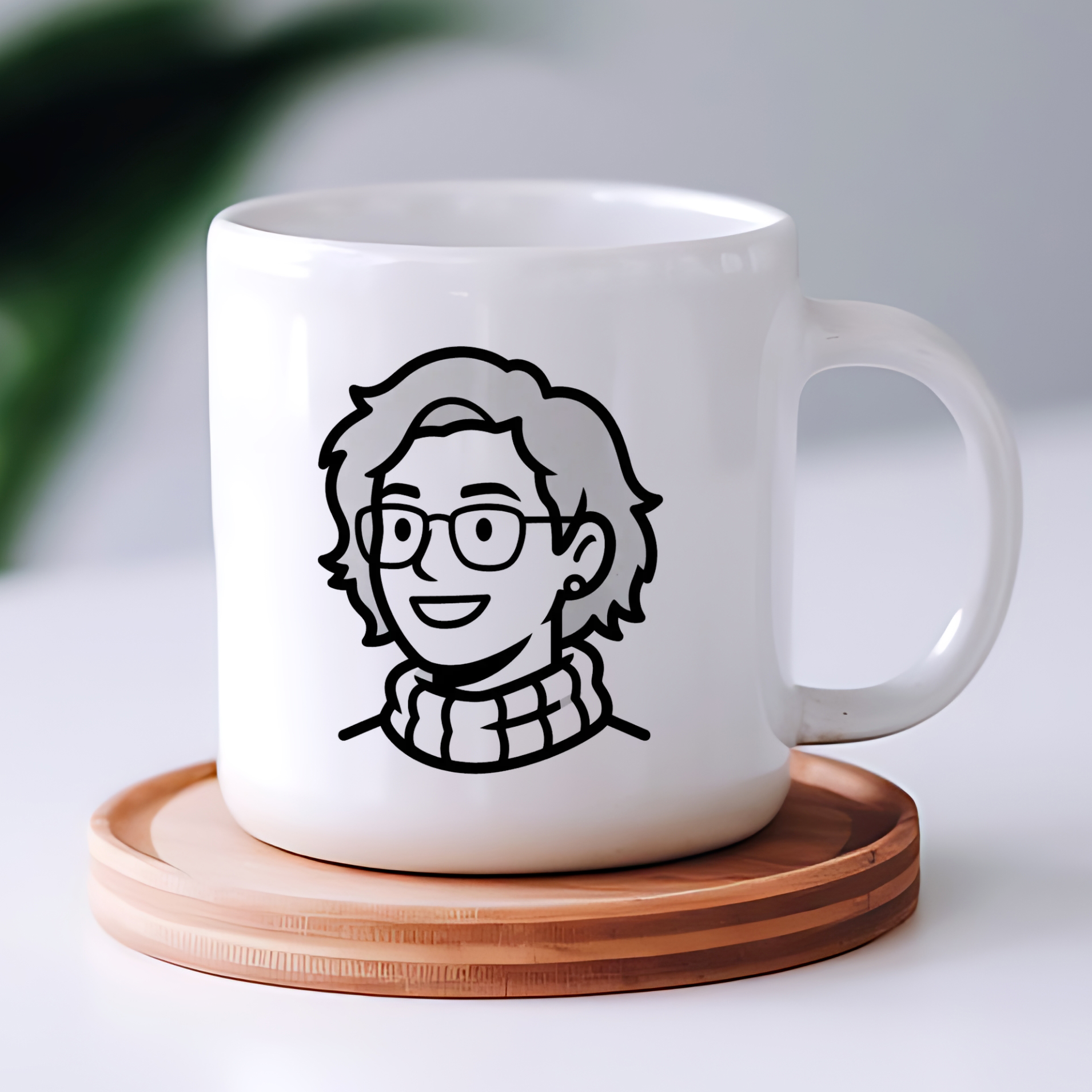 Portrait redessiné à l'encre de Chine, imprimé sur un mug en céramique blanche