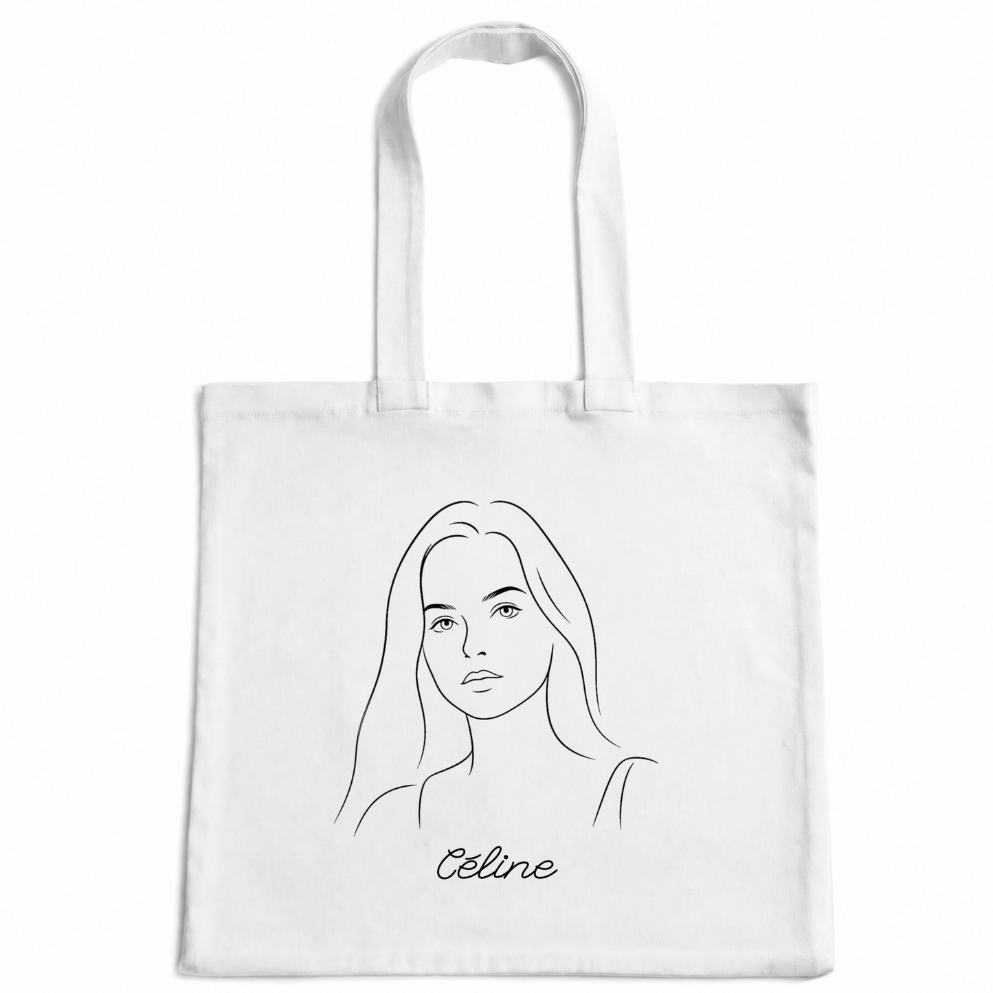 Portrait redessiné au trait d'encre noire, imprimé sur un tote bag en coton