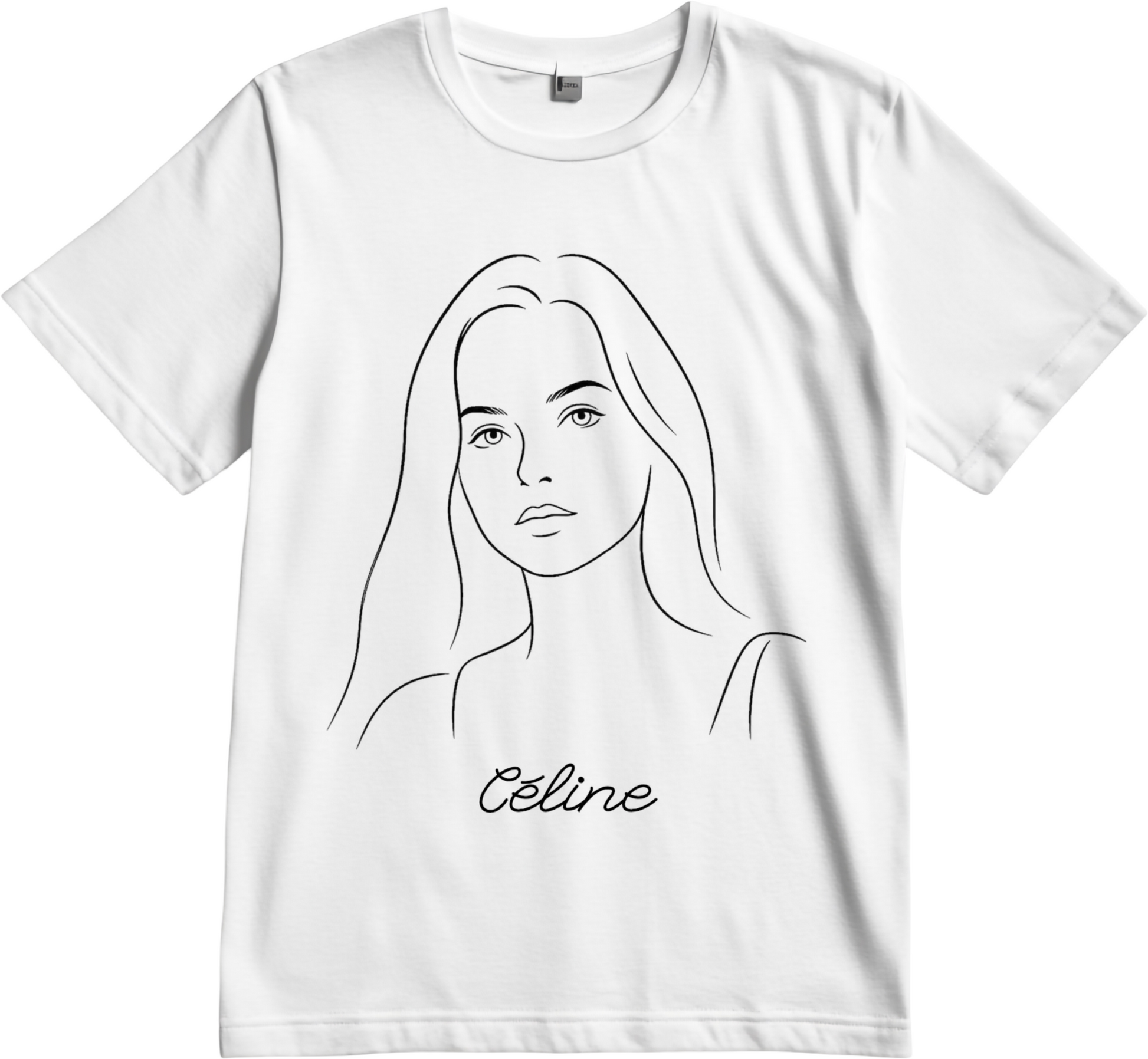 Portrait redessiné au trait d'encre noire, imprimé sur un t-shirt blanc