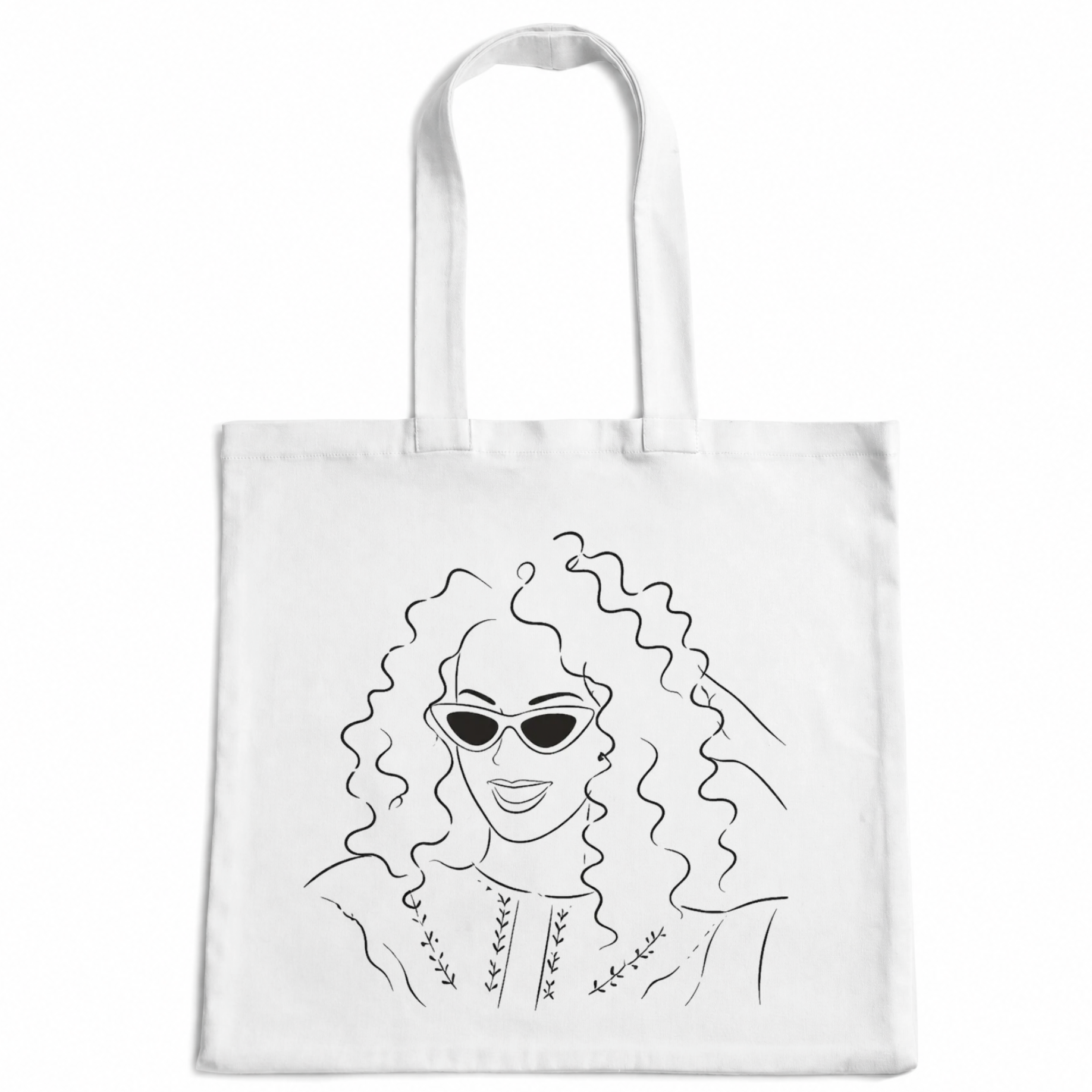 Portrait redessiné au trait d'encre noire, imprimé sur un tote bag en coton