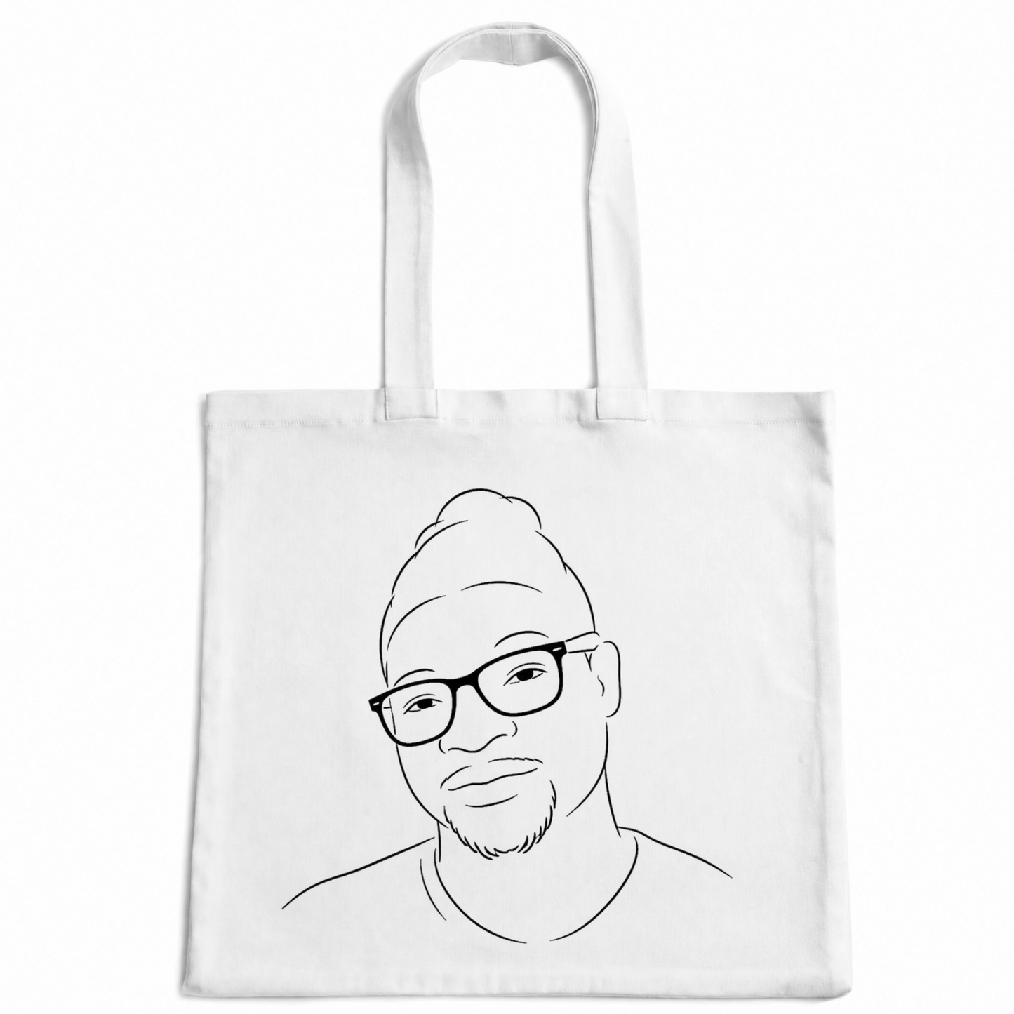 Portrait redessiné au trait d'encre noire, imprimé sur un tote bag en coton