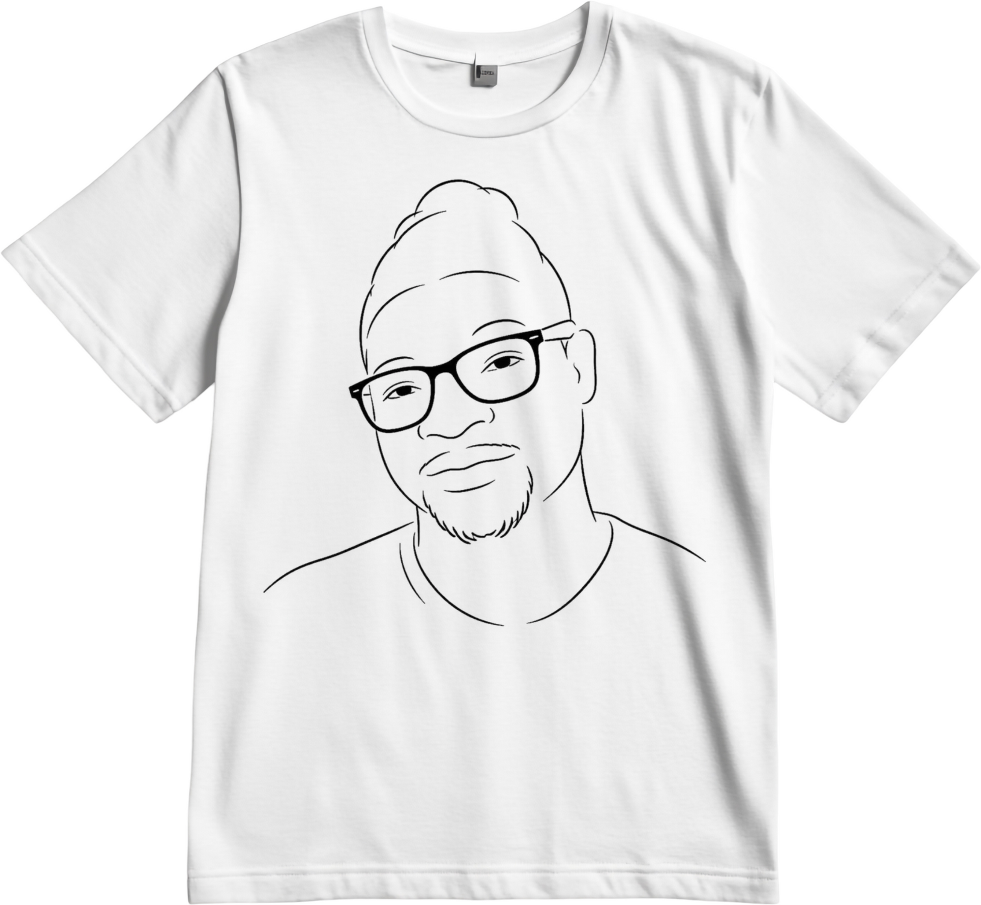Portrait redessiné au trait d'encre noire, imprimé sur un t-shirt blanc