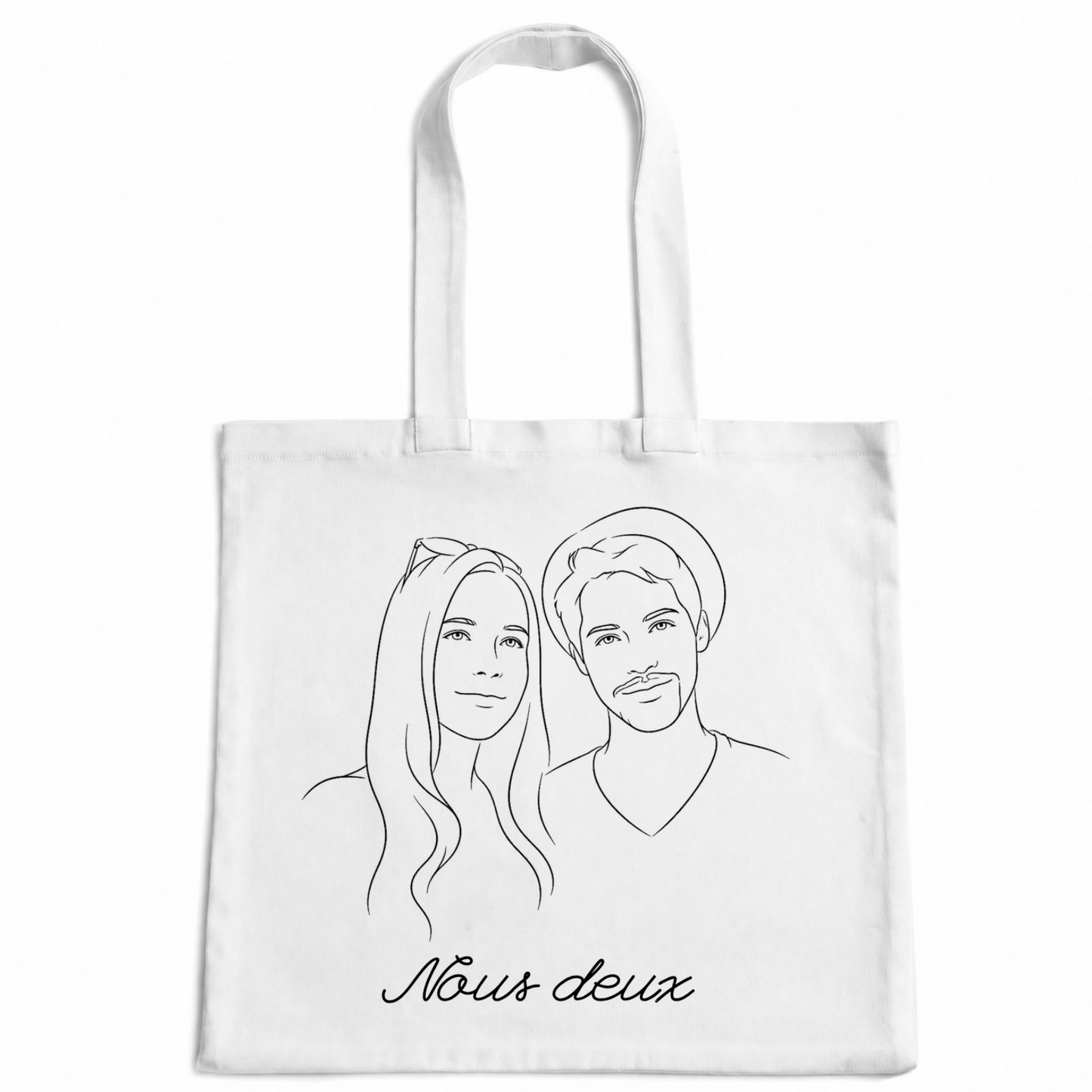 Portrait redessiné au trait d'encre noire, imprimé sur un tote bag en coton