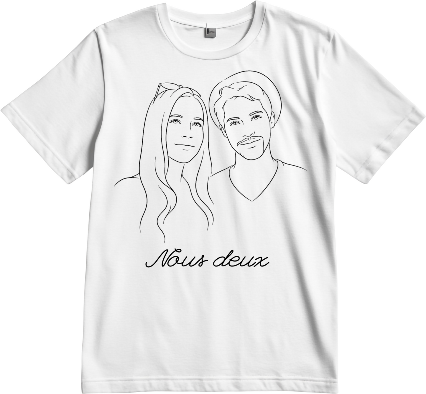 Portrait redessiné au trait d'encre noire, imprimé sur un t-shirt blanc