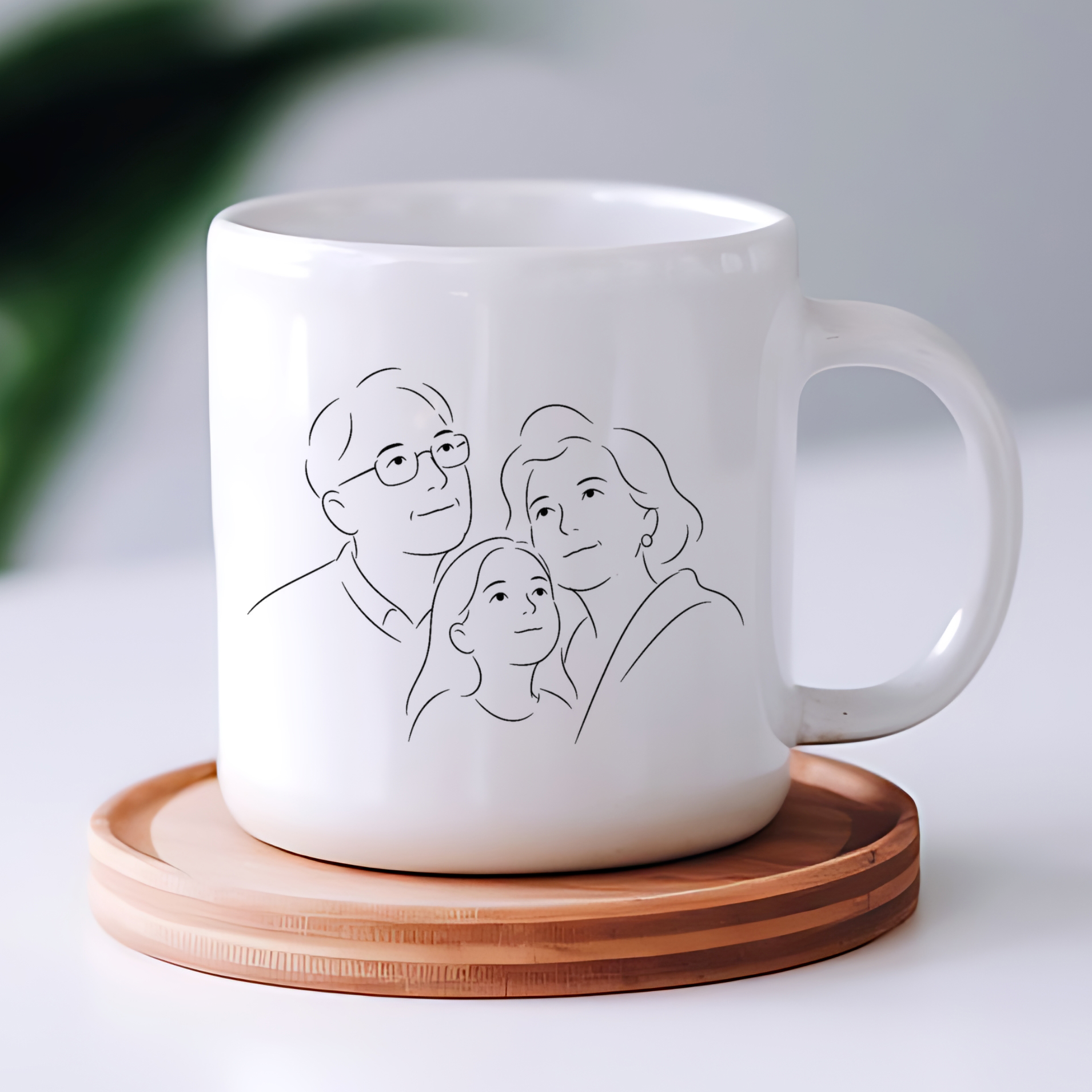 Portrait redessiné au trait d'encre noire, imprimé sur un mug en céramique blanche