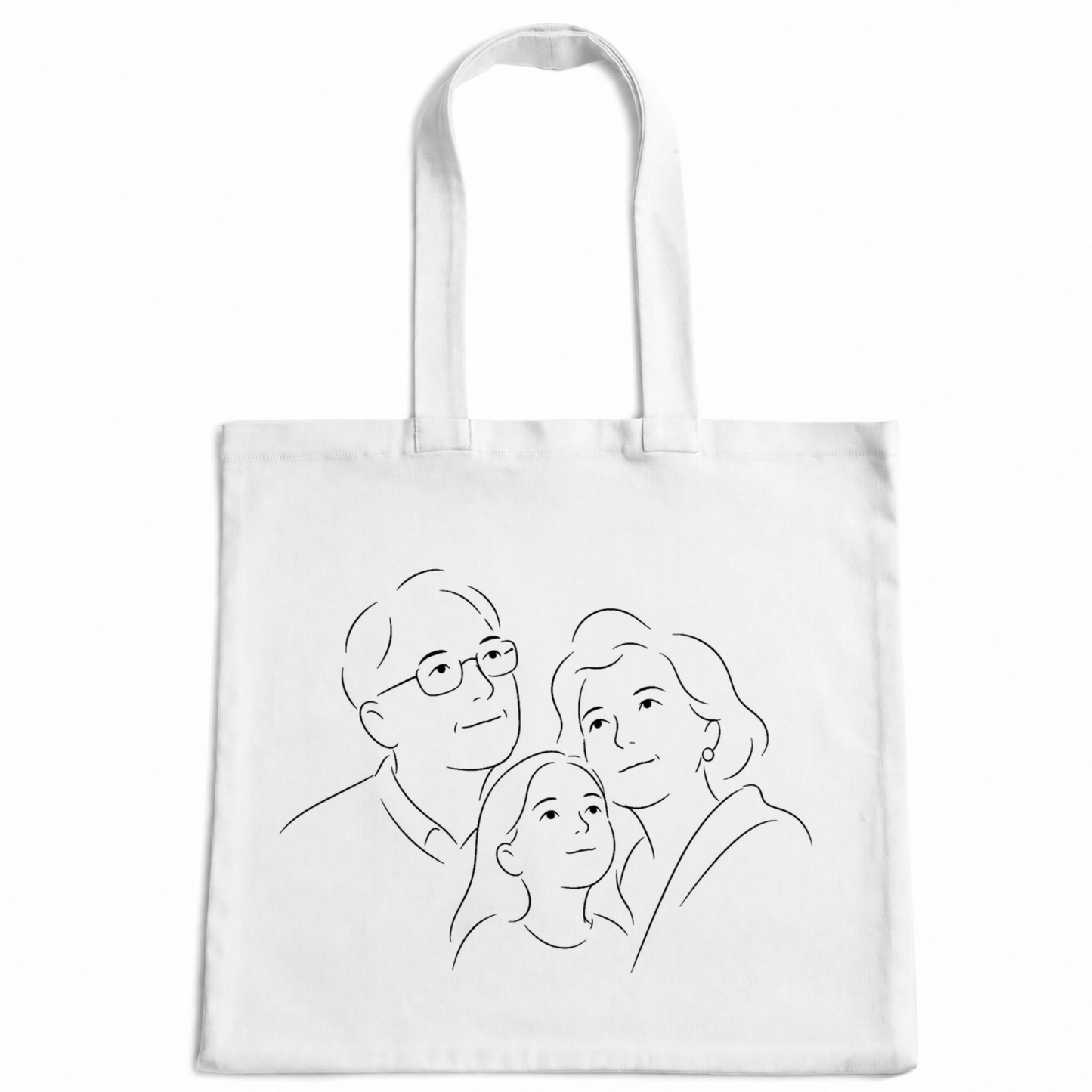 Portrait redessiné au trait d'encre noire, imprimé sur un tote bag en coton