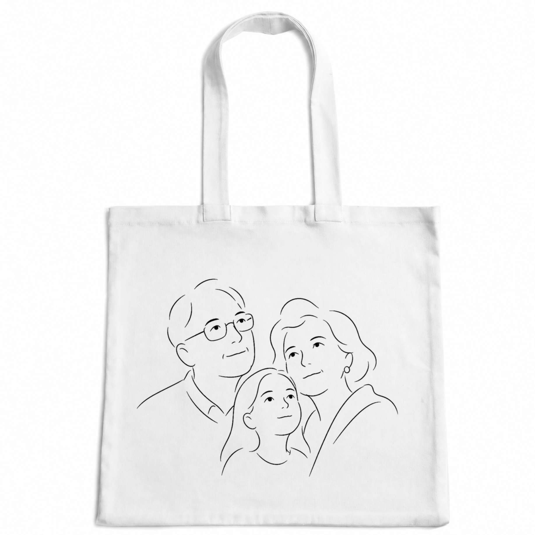 Portrait redessiné au trait d'encre noire, imprimé sur un tote bag en coton
