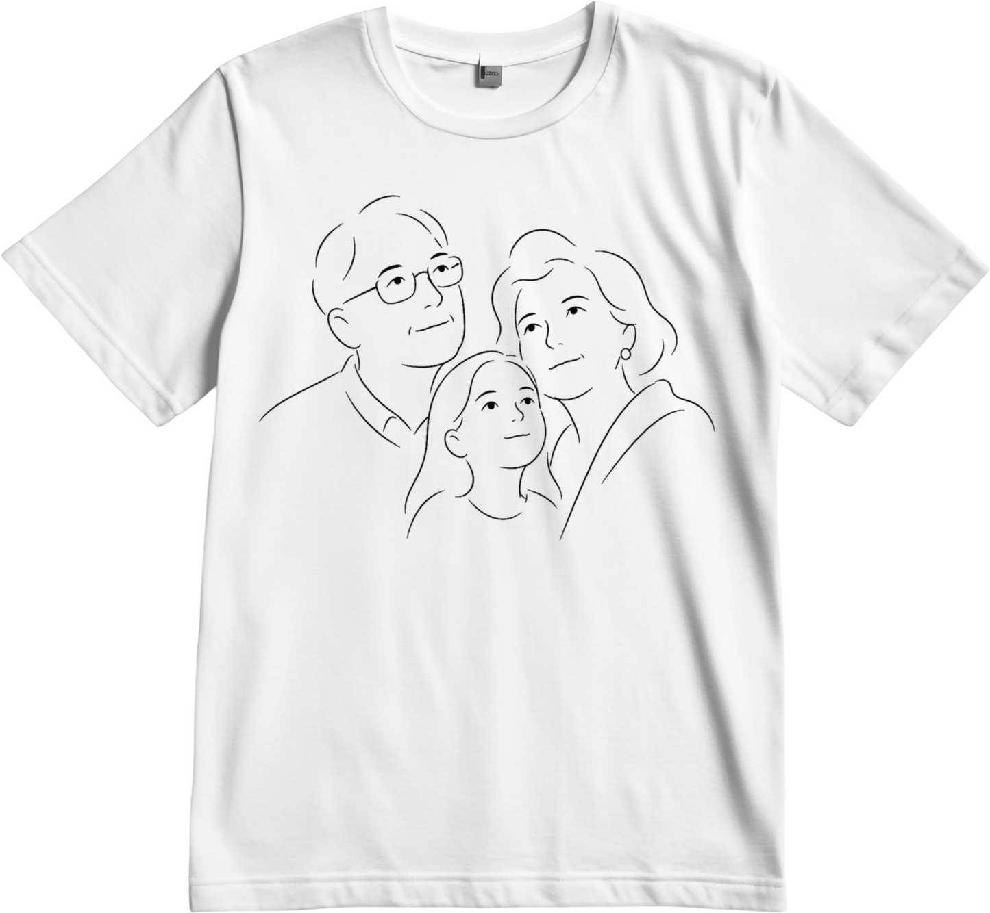 Portrait redessiné au trait d'encre noire, imprimé sur un t-shirt blanc